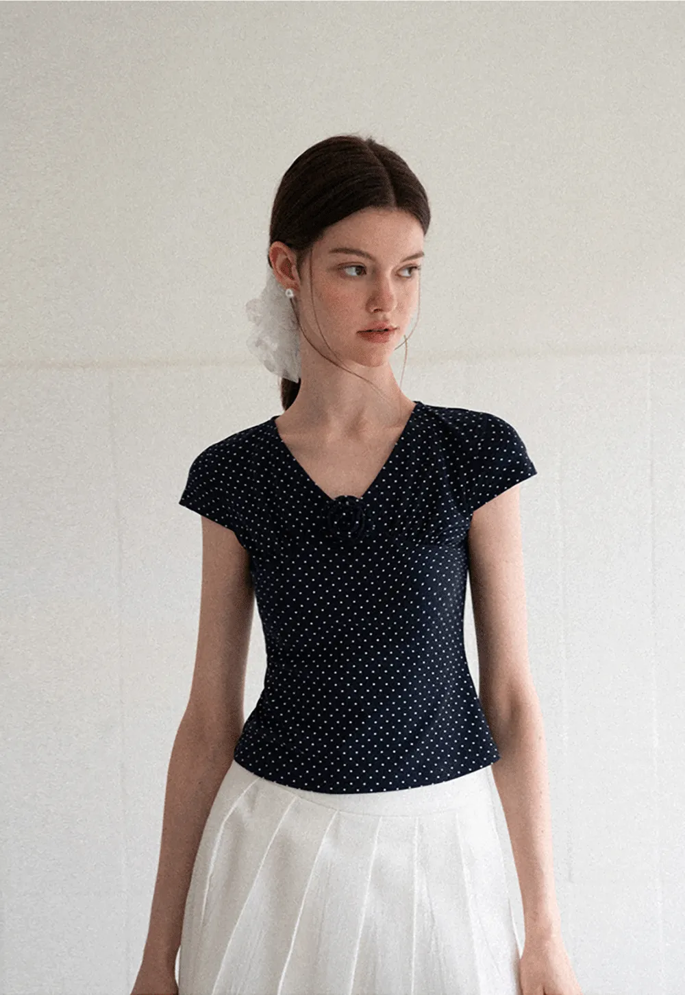 Polka Dot V Neck Cap Sleeve T Shirt