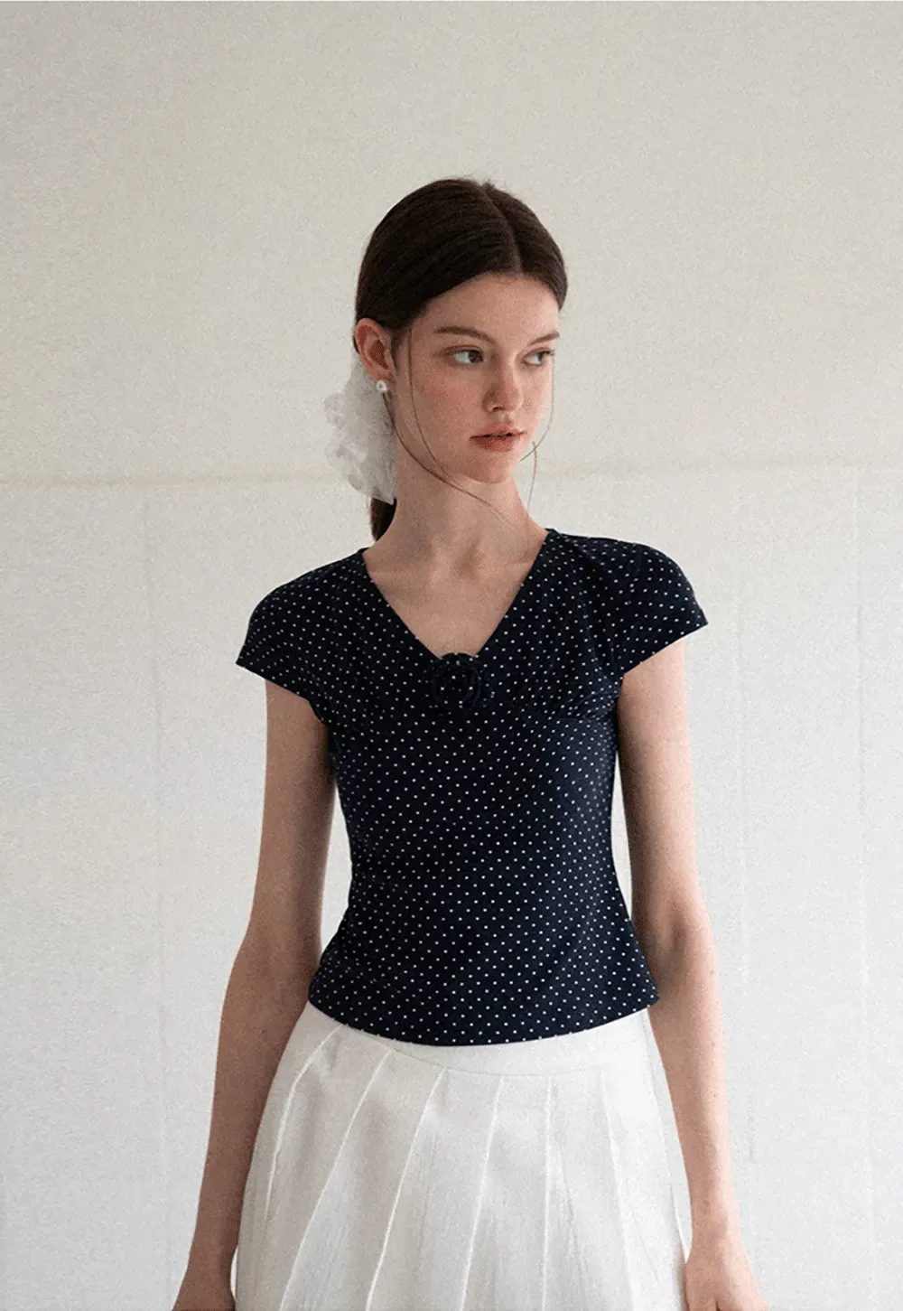Polka Dot V Neck Cap Sleeve T Shirt