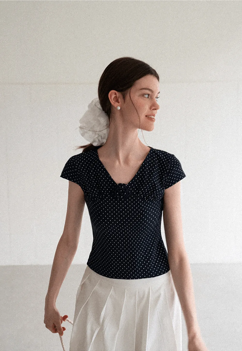 Polka Dot V Neck Cap Sleeve T Shirt
