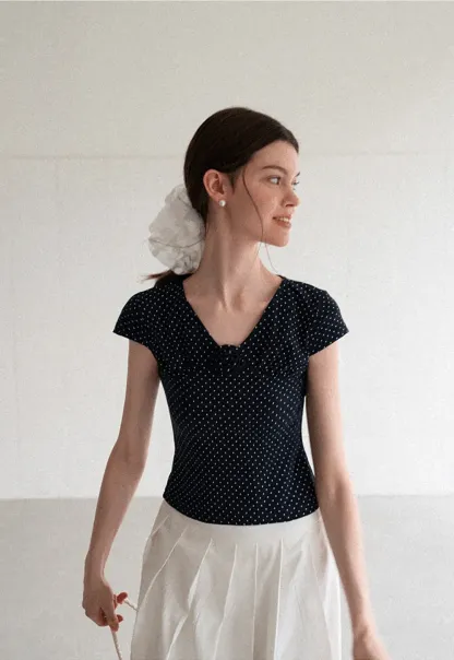 Polka Dot V Neck Cap Sleeve T Shirt