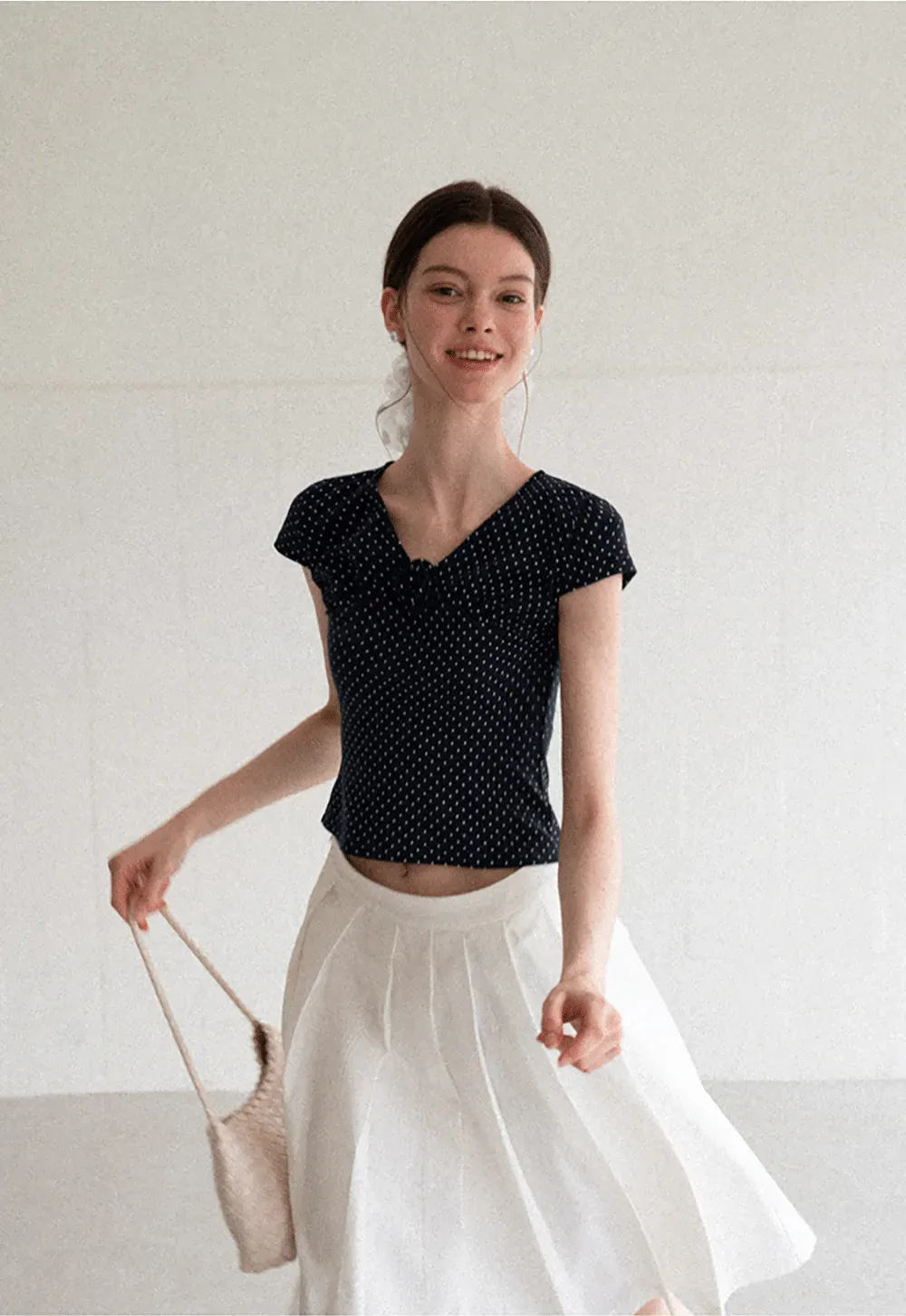 Polka Dot V Neck Cap Sleeve T Shirt