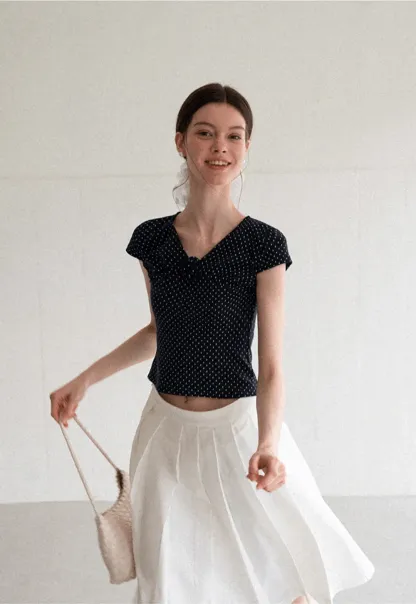 Polka Dot V Neck Cap Sleeve T Shirt