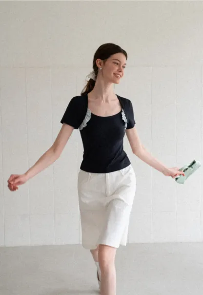 Ruffle Trim Short Sleeve Fitted Top