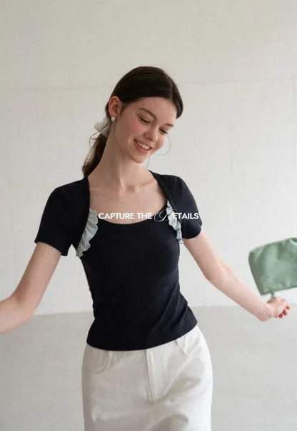 Ruffle Trim Short Sleeve Fitted Top