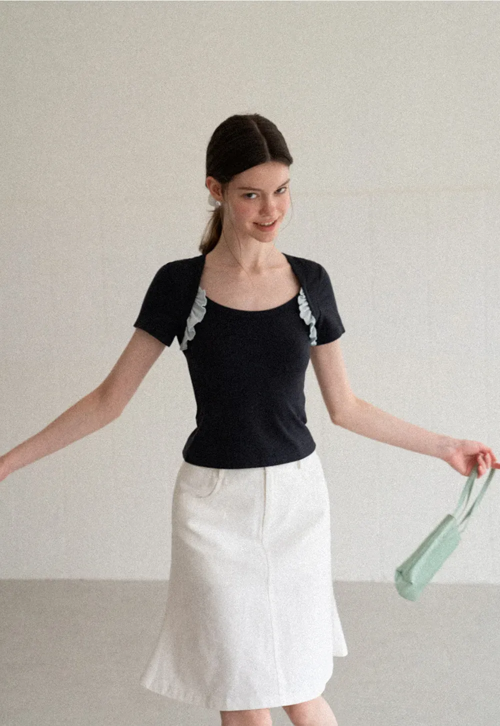 Ruffle Trim Short Sleeve Fitted Top