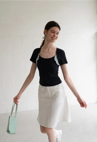 Ruffle Trim Short Sleeve Fitted Top