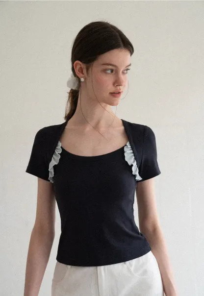 Ruffle Trim Short Sleeve Fitted Top