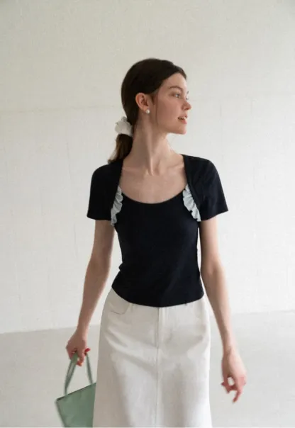 Ruffle Trim Short Sleeve Fitted Top