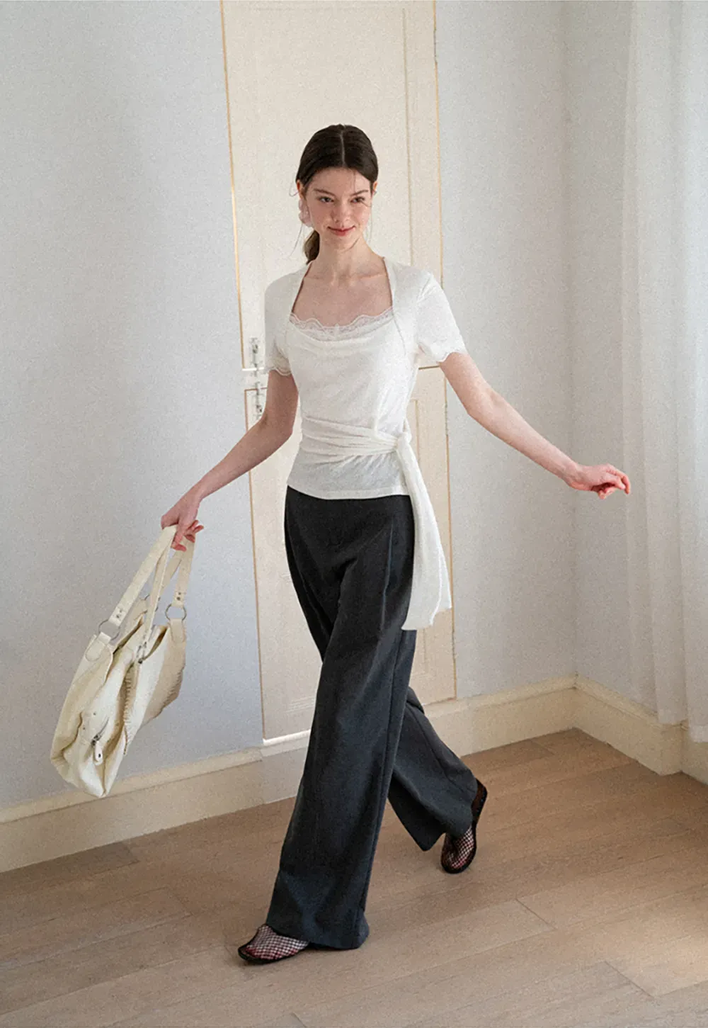 Lace Trim Square Neck Short Sleeve T Shirt