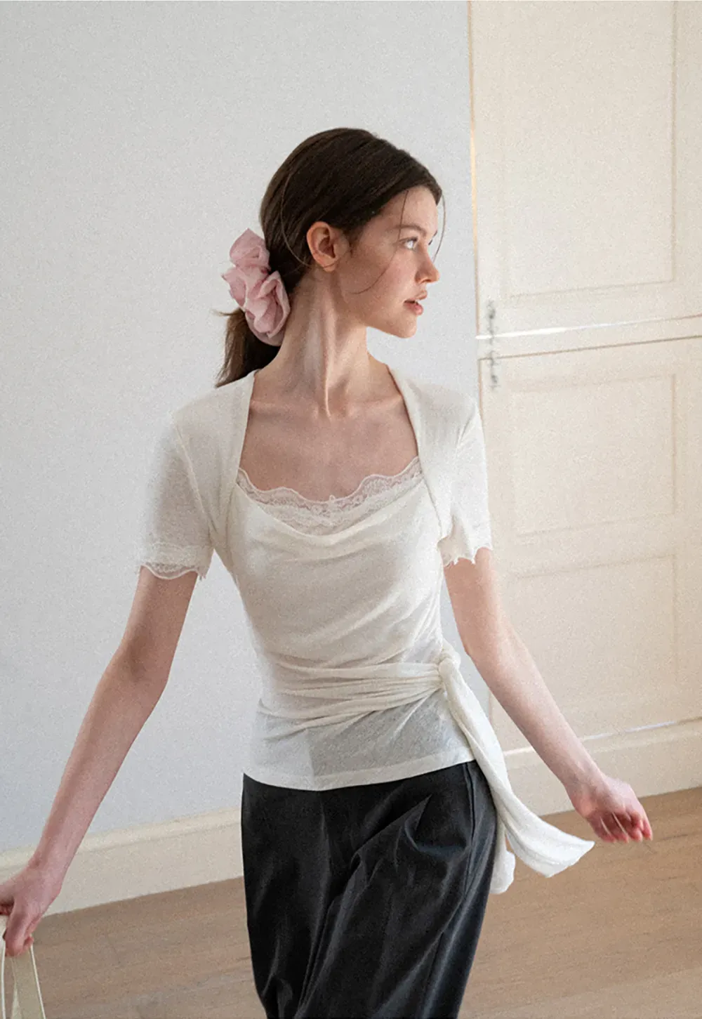 Lace Trim Square Neck Short Sleeve T Shirt