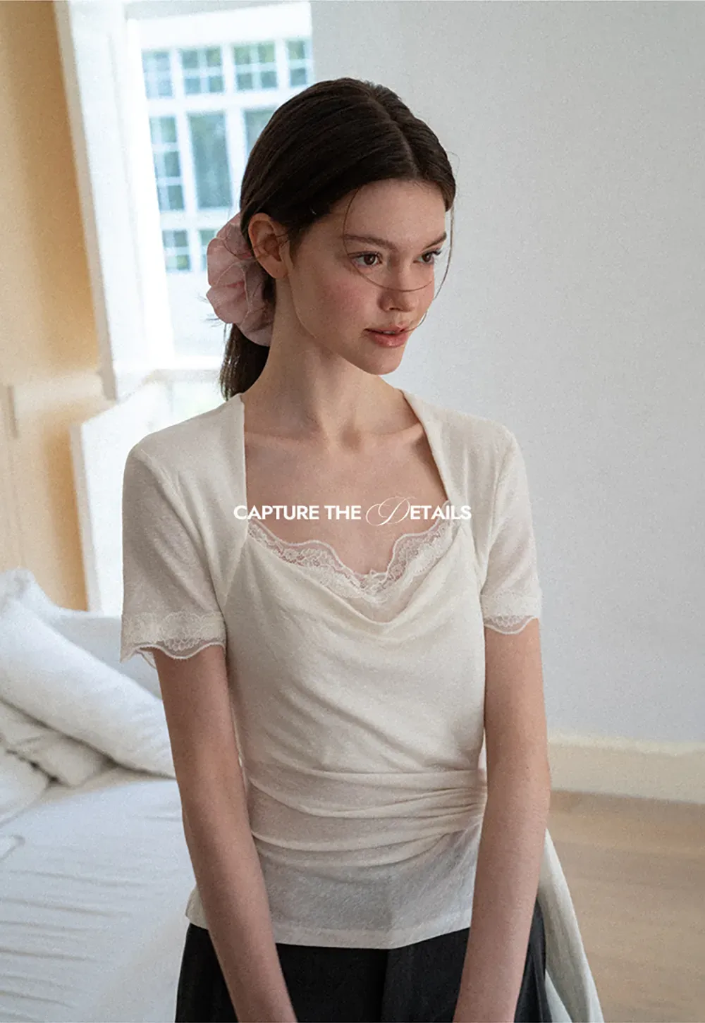 Lace Trim Square Neck Short Sleeve T Shirt