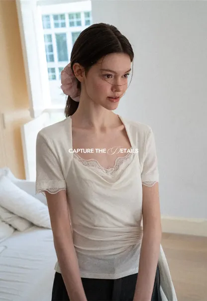 Lace Trim Square Neck Short Sleeve T Shirt