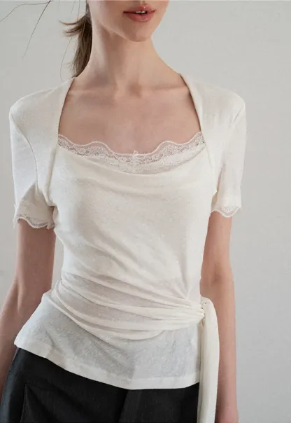 Lace Trim Square Neck Short Sleeve T Shirt