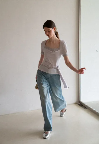 Lace Trim Square Neck Short Sleeve T Shirt