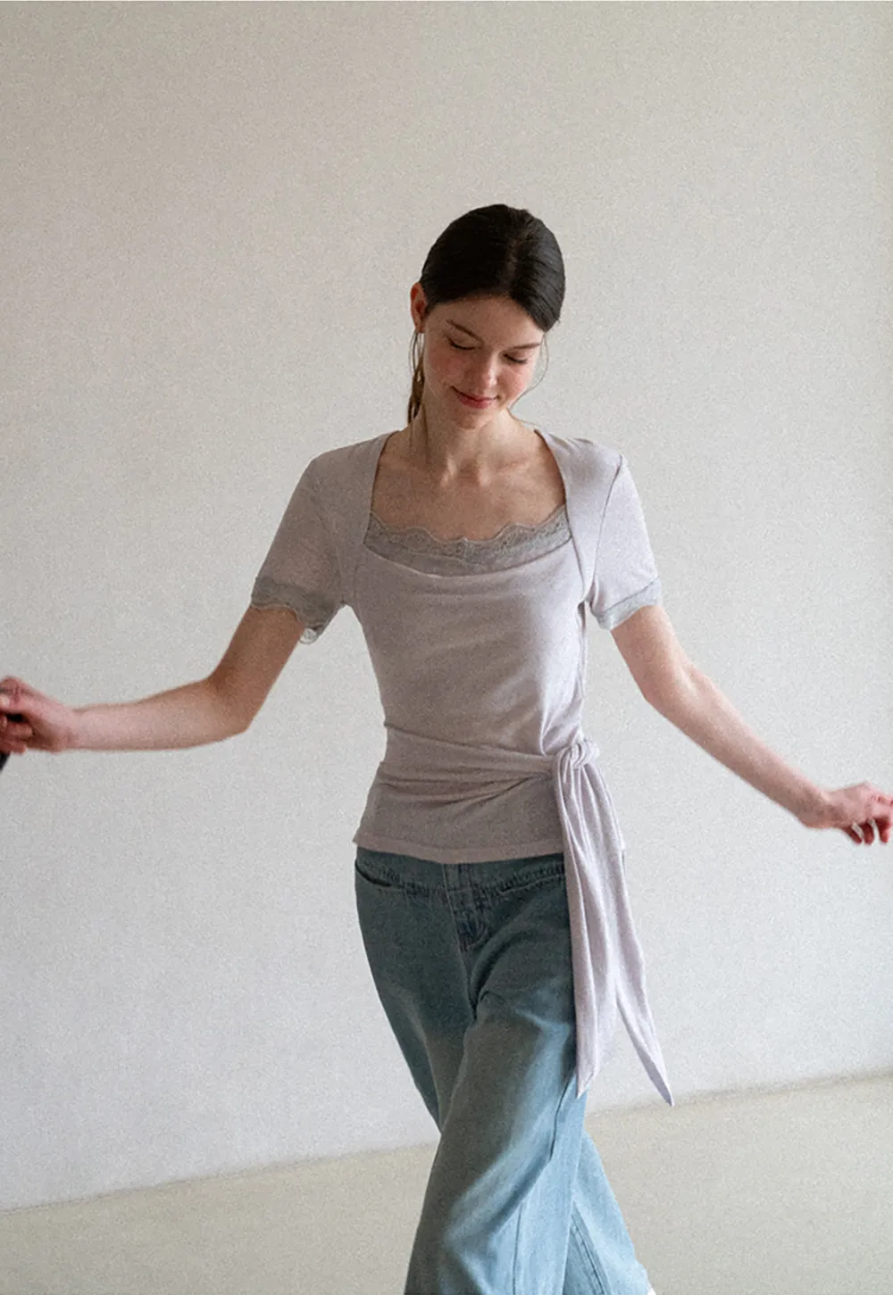 Lace Trim Square Neck Short Sleeve T Shirt