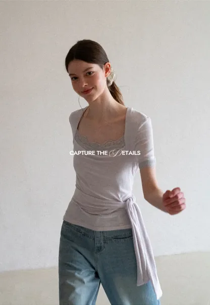 Lace Trim Square Neck Short Sleeve T Shirt