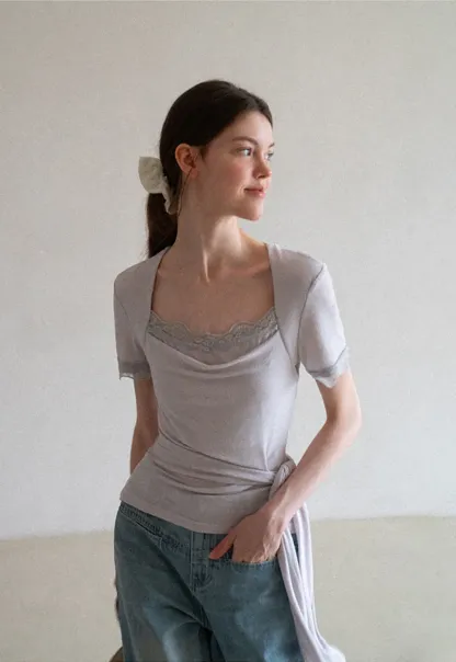 Lace Trim Square Neck Short Sleeve T Shirt