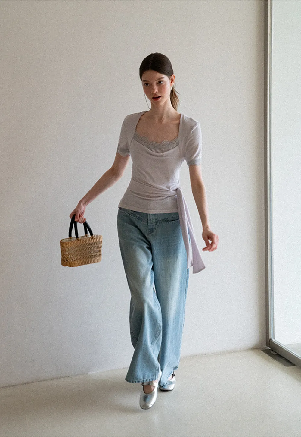 Lace Trim Square Neck Short Sleeve T Shirt