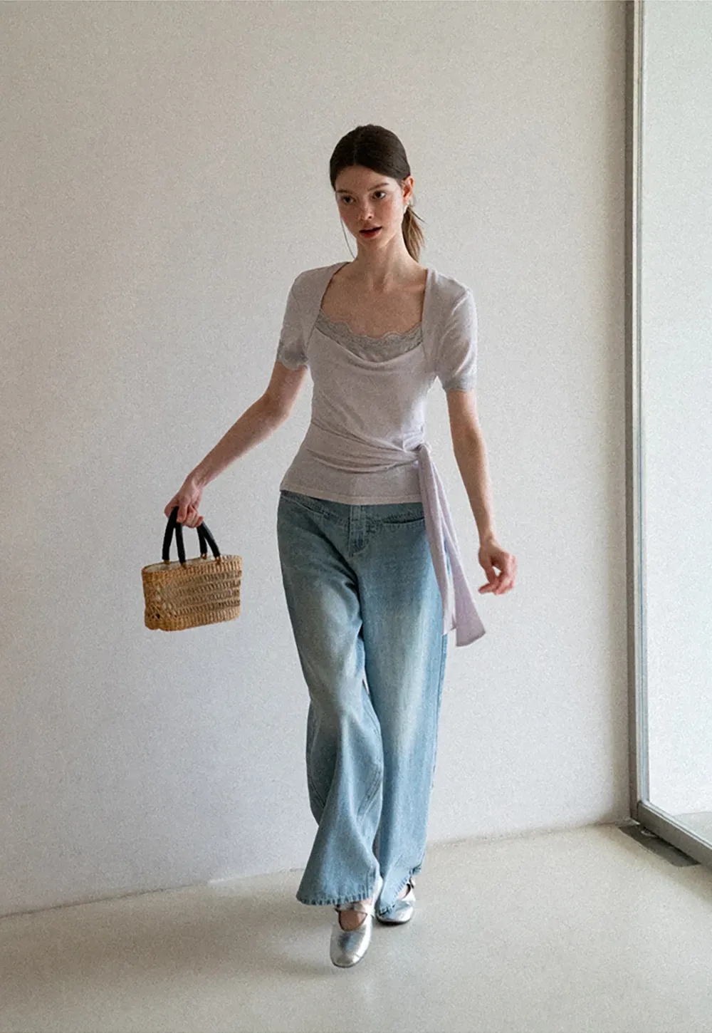 Lace Trim Square Neck Short Sleeve T Shirt