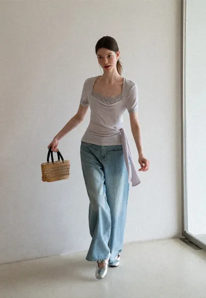 Lace Trim Square Neck Short Sleeve T Shirt