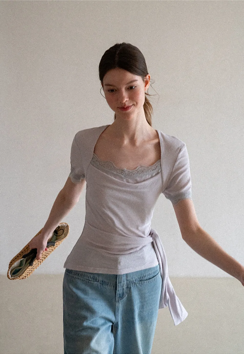 Lace Trim Square Neck Short Sleeve T Shirt