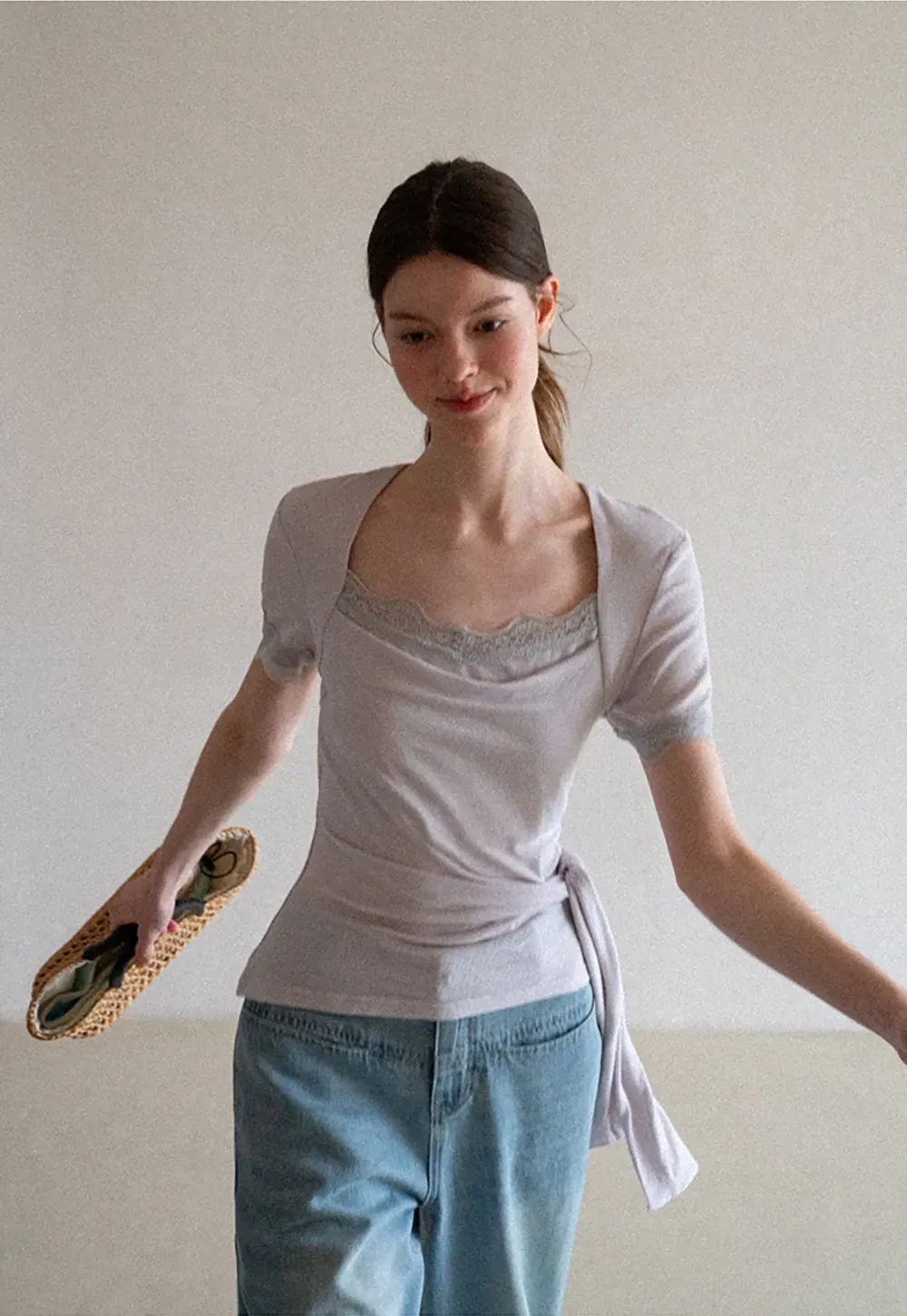 Lace Trim Square Neck Short Sleeve T Shirt