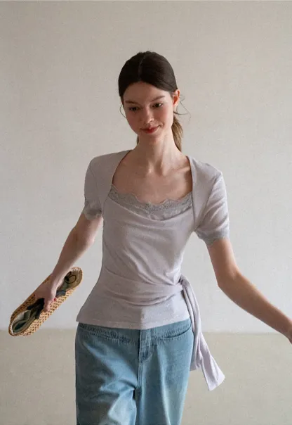 Lace Trim Square Neck Short Sleeve T Shirt