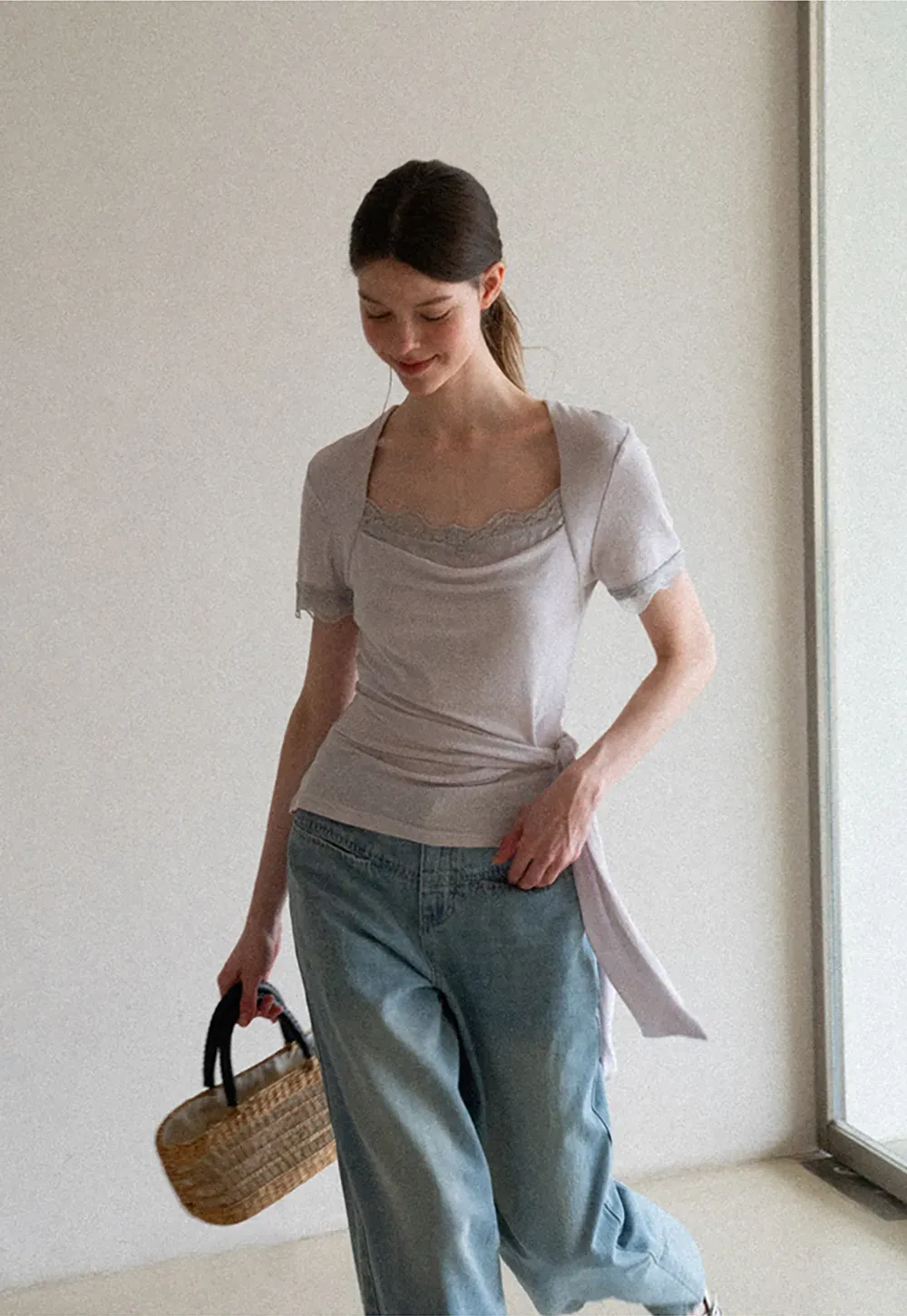 Lace Trim Square Neck Short Sleeve T Shirt