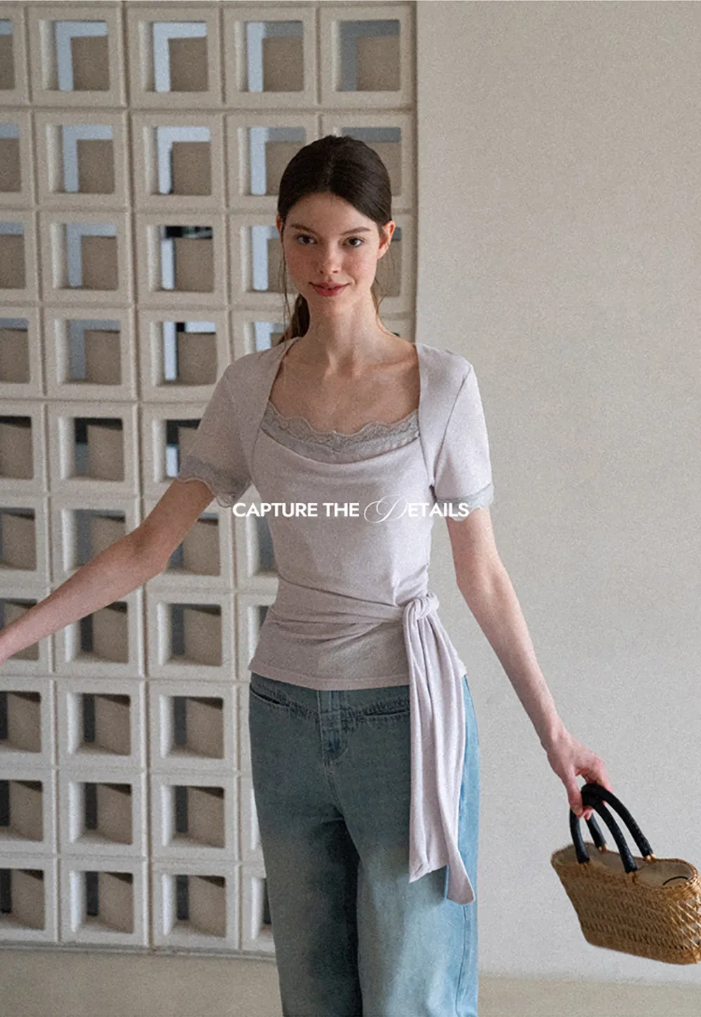 Lace Trim Square Neck Short Sleeve T Shirt