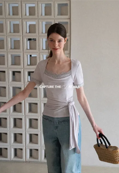 Lace Trim Square Neck Short Sleeve T Shirt