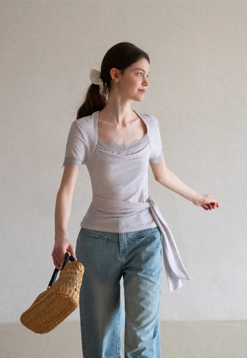 Lace Trim Square Neck Short Sleeve T Shirt