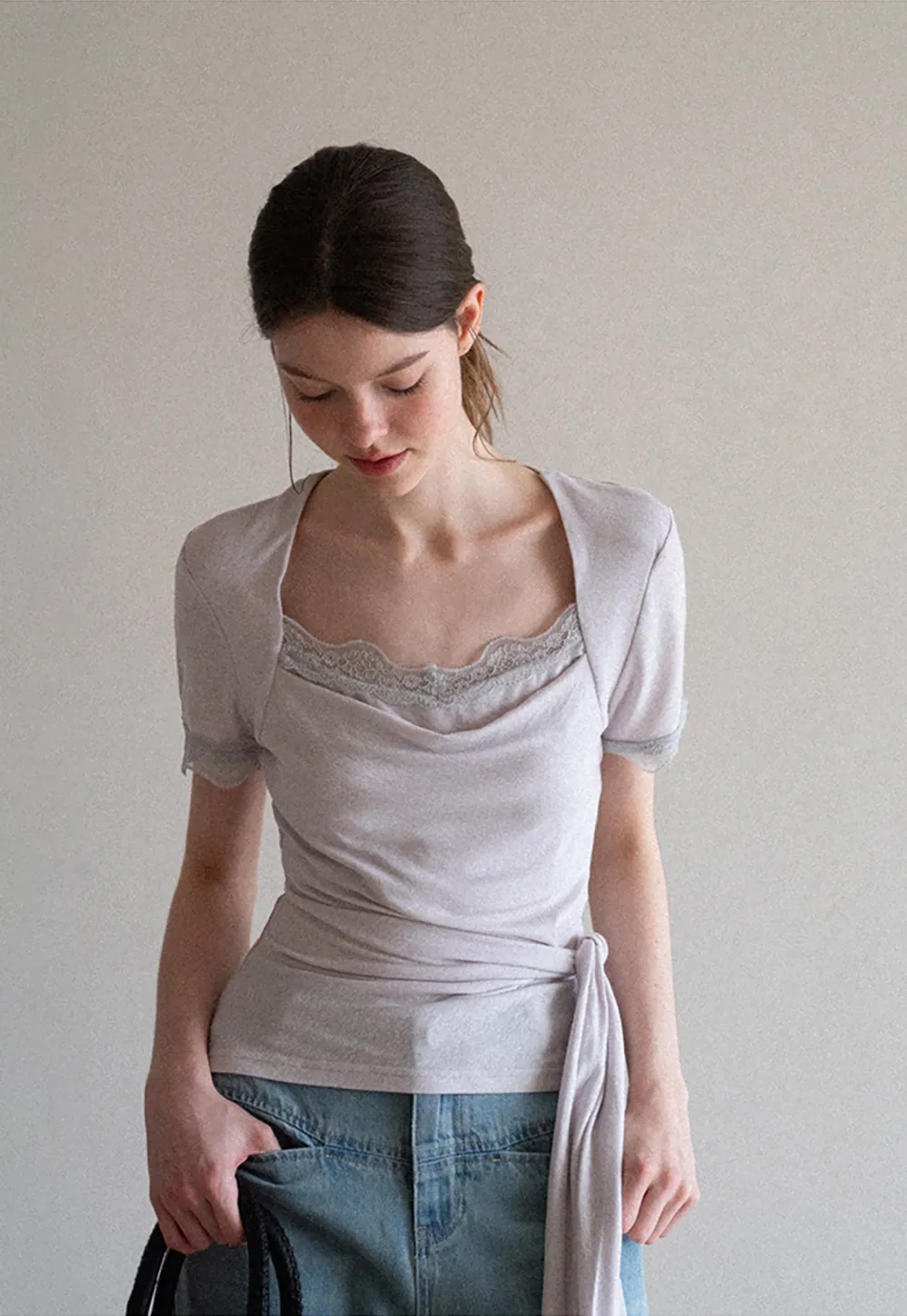 Lace Trim Square Neck Short Sleeve T Shirt