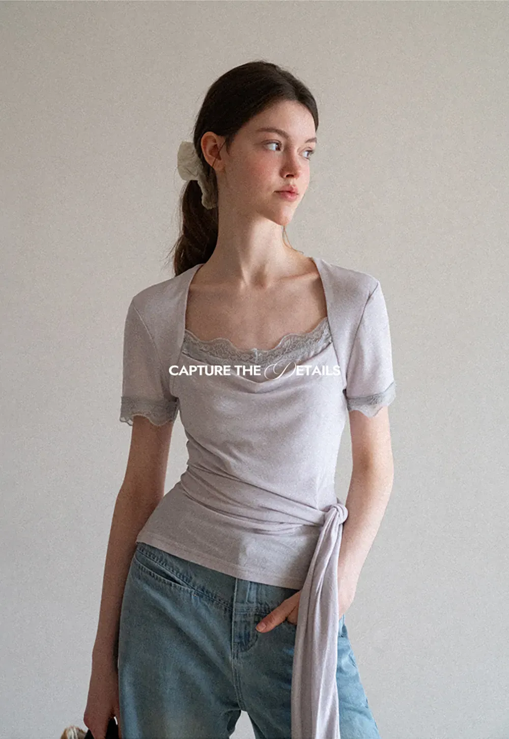 Lace Trim Square Neck Short Sleeve T Shirt