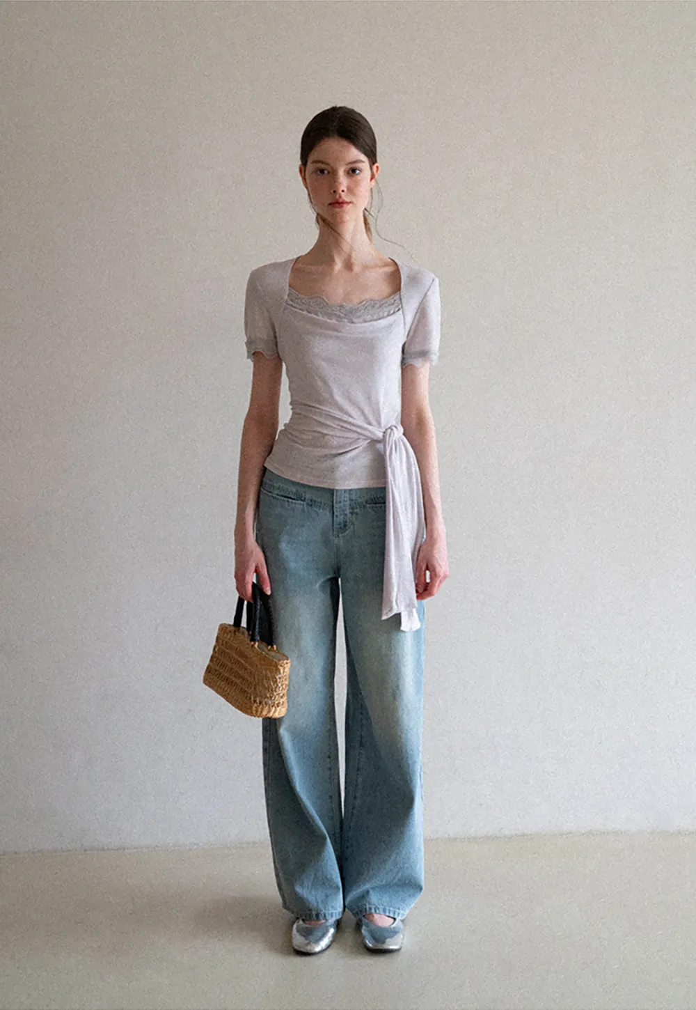 Lace Trim Square Neck Short Sleeve T Shirt