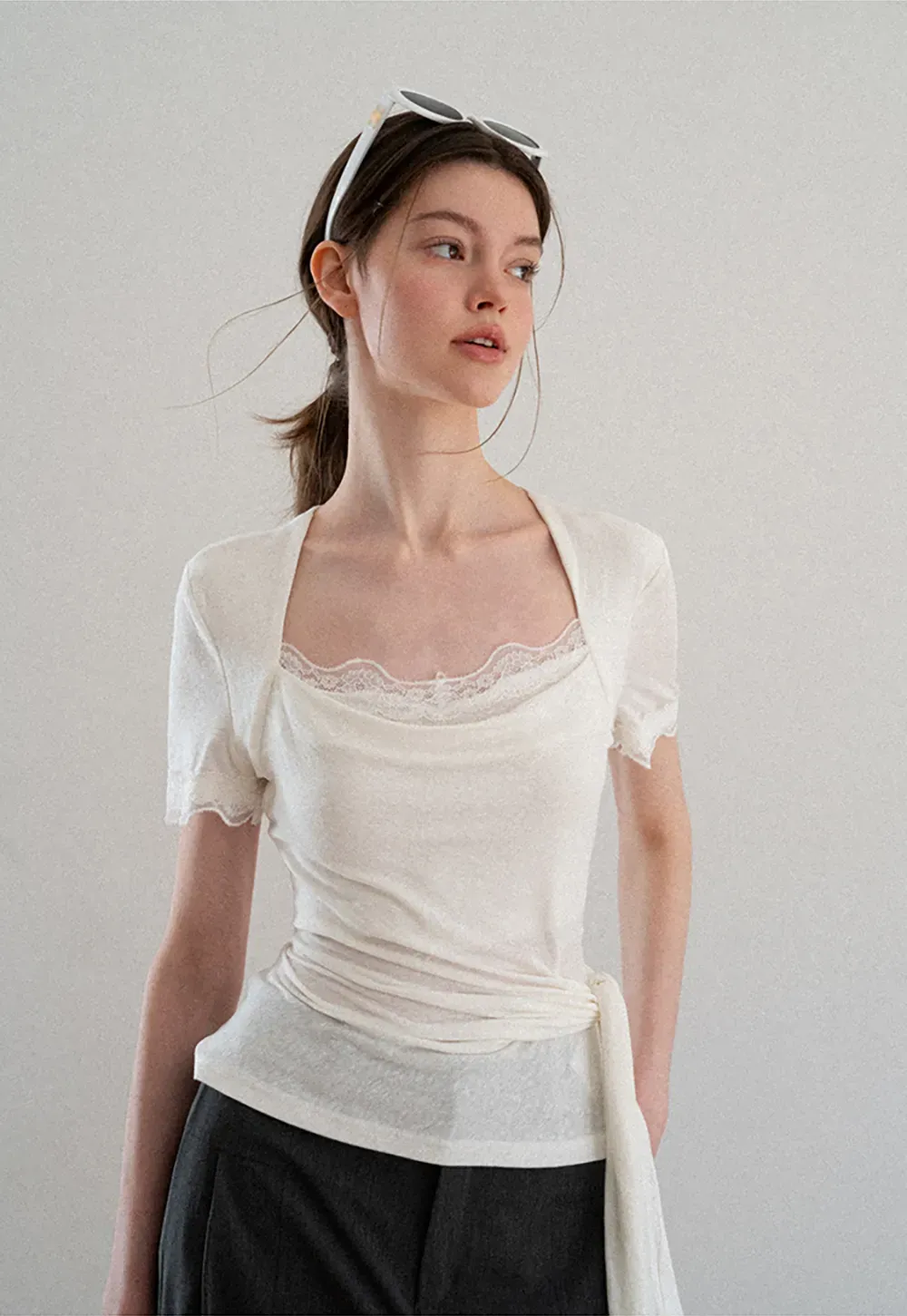 Lace Trim Square Neck Short Sleeve T Shirt