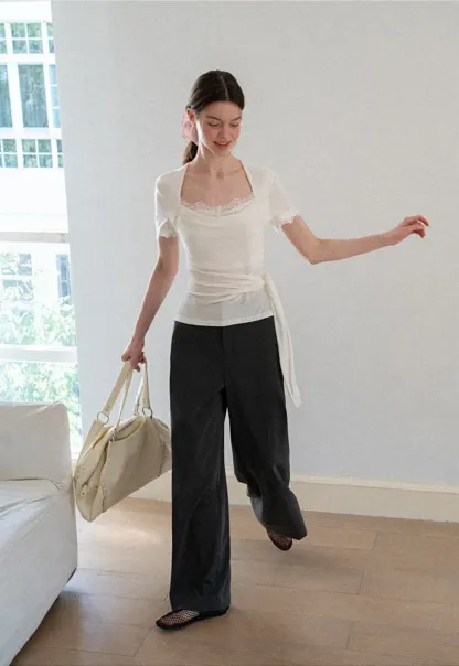 Lace Trim Square Neck Short Sleeve T Shirt