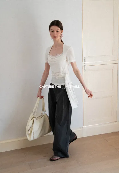 Lace Trim Square Neck Short Sleeve T Shirt