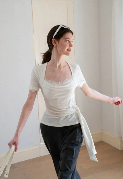 Lace Trim Square Neck Short Sleeve T Shirt