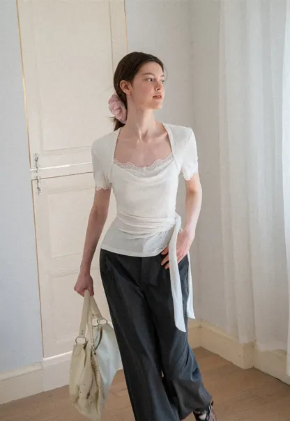 Lace Trim Square Neck Short Sleeve T Shirt