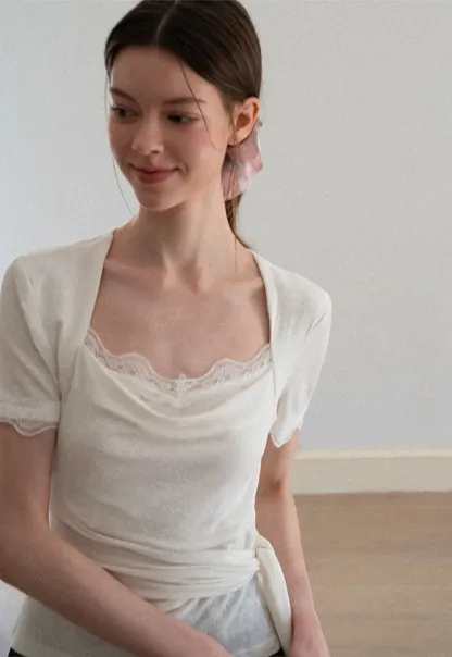 Lace Trim Square Neck Short Sleeve T Shirt