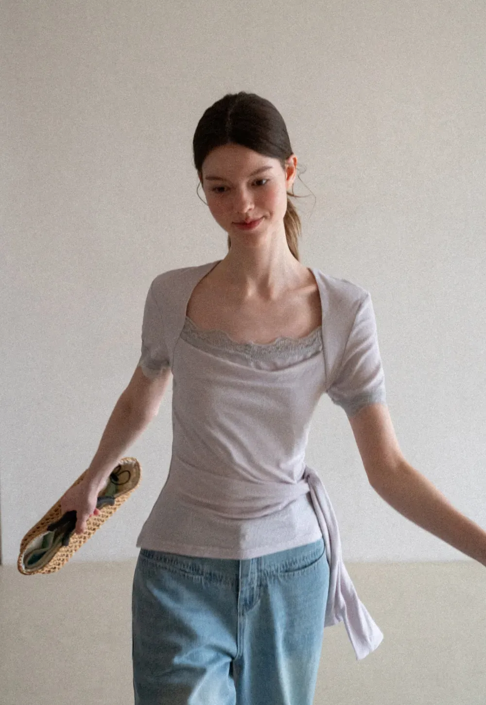 Lace Trim Square Neck Short Sleeve T Shirt