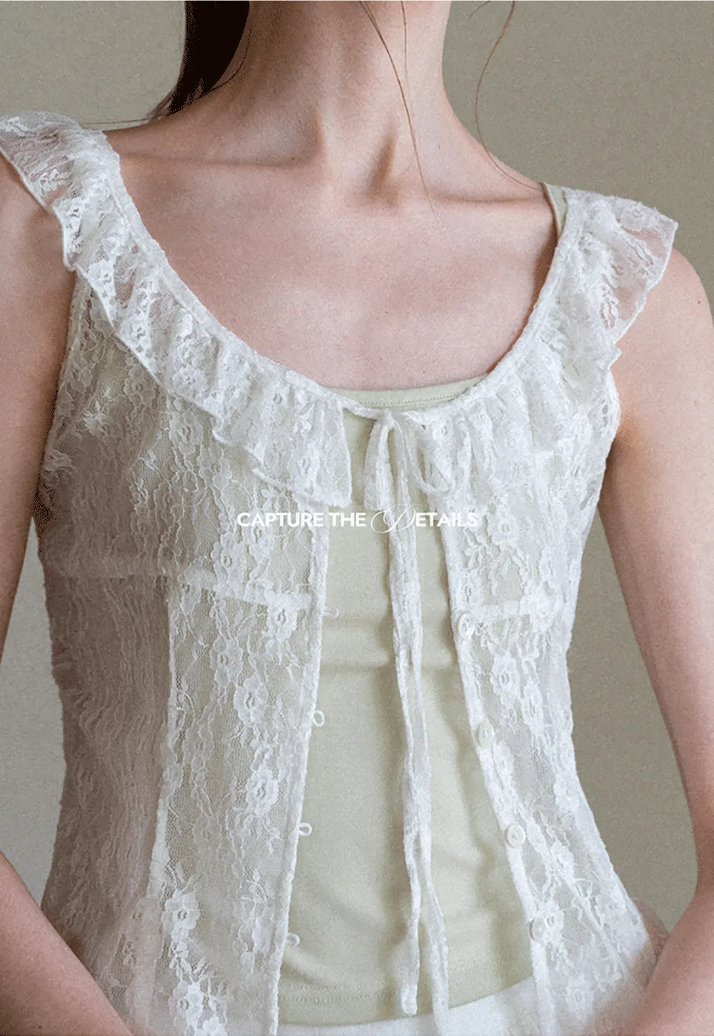 Lace Trim Ruffled Sleeveless Blouse With Tank Top Set
