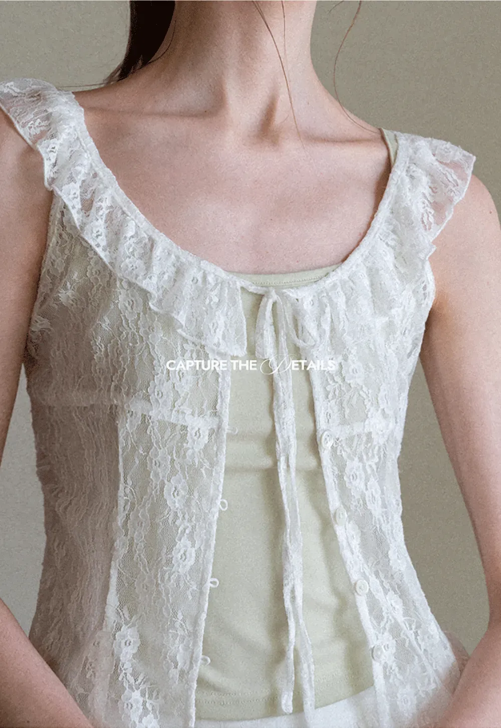 Lace Trim Ruffled Sleeveless Blouse With Tank Top Set