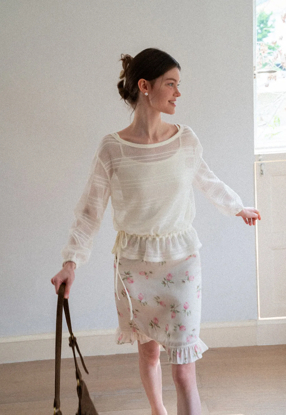 Mesh Knit Peplum Top Long Sleeve