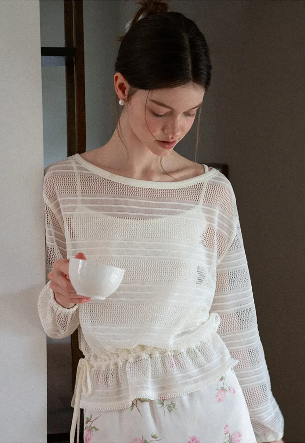 Mesh Knit Peplum Top Long Sleeve