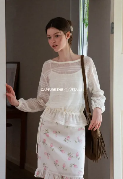 Mesh Knit Peplum Top Long Sleeve