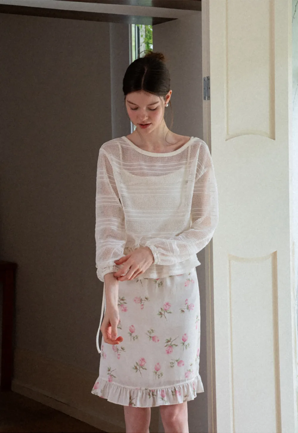 Mesh Knit Peplum Top Long Sleeve