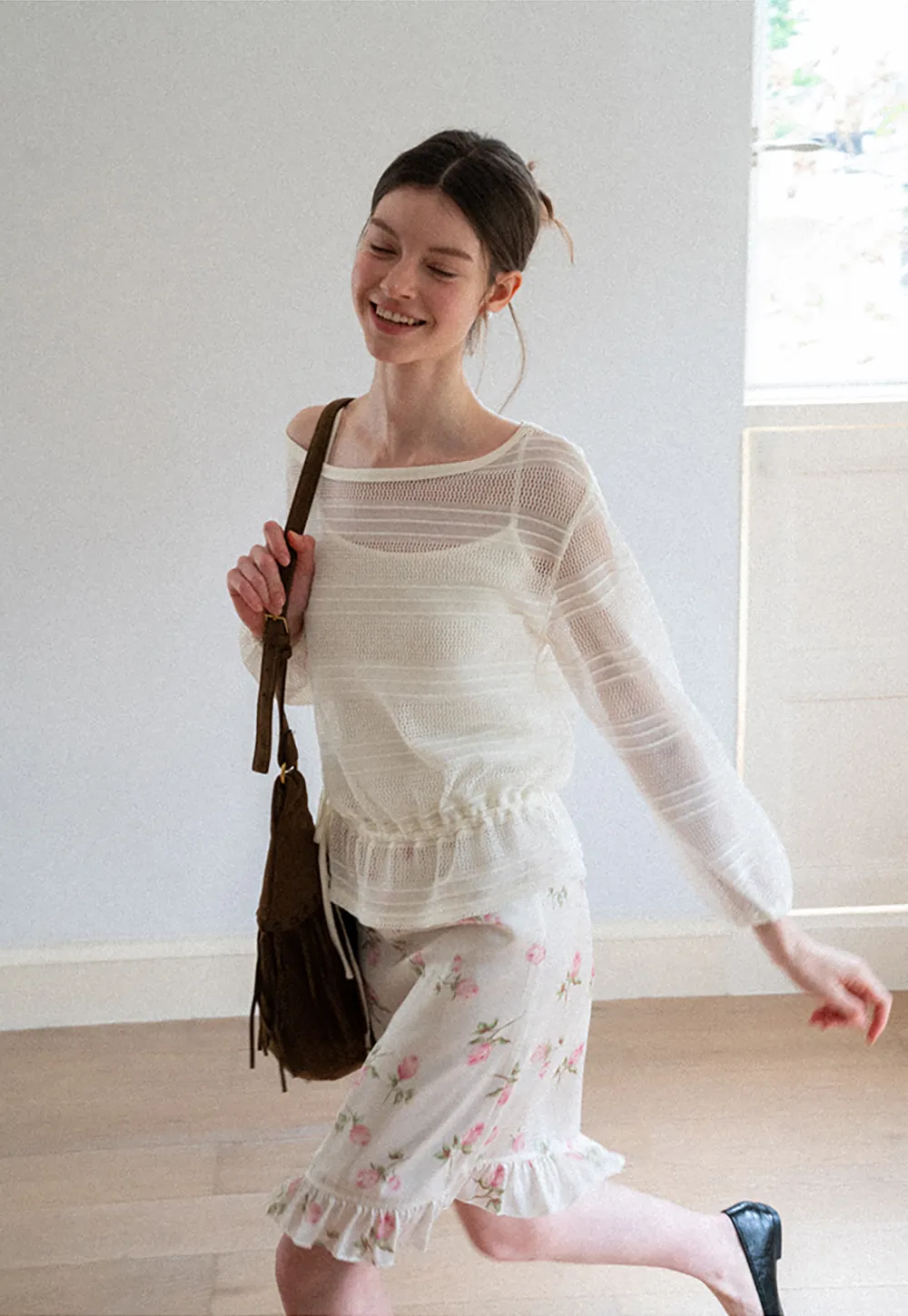 Mesh Knit Peplum Top Long Sleeve
