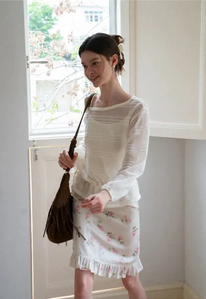 Mesh Knit Peplum Top Long Sleeve