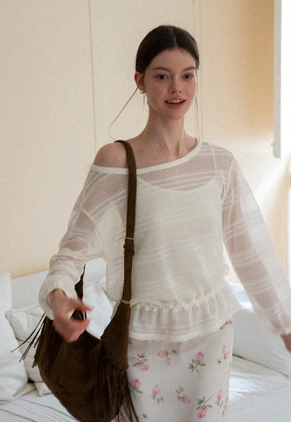 Mesh Knit Peplum Top Long Sleeve